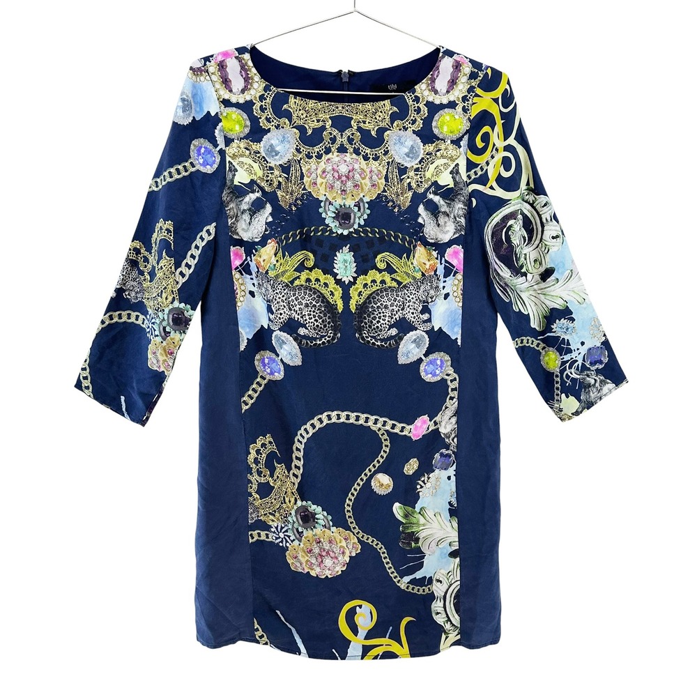 TIBI 100% Silkโ Chain & Jewel Print Long Sleeve Shift Dress โข 4 โข navy blue gold